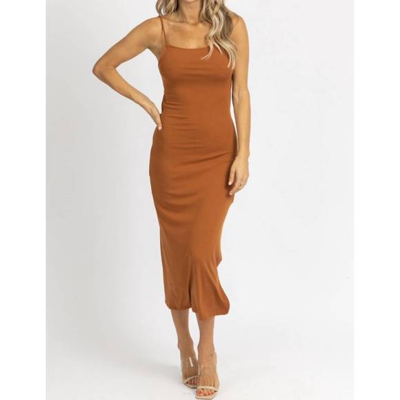 NEW CRESCENT open tie-back midi dress in brown - Picture 1 of 4
